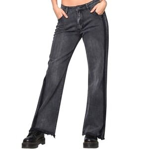 Momokrom Women Black Straight Leg Jeans Size 10 Side Stripe Raw Hem Denim Pants
